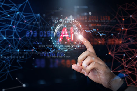 Hand of man poing on AI interface digital screen, AI Artificial Intelligence, Data Science, Information technology concept.の写真素材