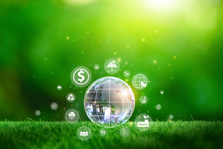 Glass globe in green forest with the icon environment of ESG, co2, circular company, and net zero. Technology Environment, sustainable business on green company Concept.の写真素材