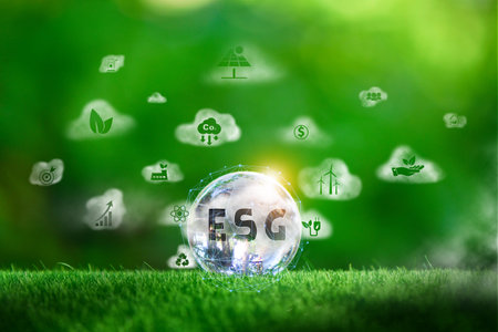 Glass globe in green forest with the icon environment of ESG, co2, circular company, and net zero. Technology Environment, Organization Sustainable development environmental.の写真素材