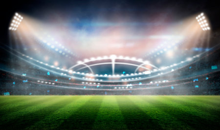 lights at night and stadium colorful flashlights background. Flyer with copy space in modern colors. Concept of sport,の写真素材