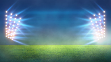 Green soccer field, bright spotlights,の写真素材