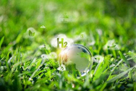 A concept metaphorically depicting hydrogen as an ecological energy source , H2 eco technology Renewable Clean energy.の写真素材