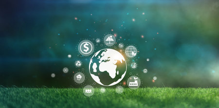 Glass globe in green forest with the icon environment of ESG, co2, circular company, and net zero. Technology Environment, sustainable business on green company Concept.の写真素材