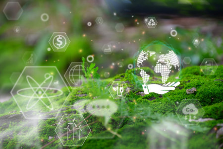 Business holding world and icon to Organization Sustainable development environmental. business responsible environmental,の写真素材