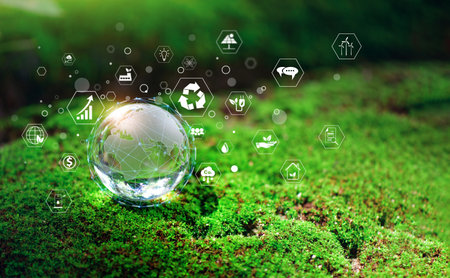 Glass globe in green forest with the icon environment of ESG, co2, circular company, and net zero. Technology Environment, Organization Sustainable development environmental.の写真素材