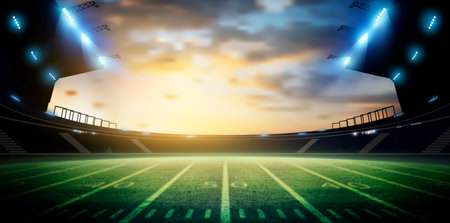 Football field illuminated by stadium lights, american football stadiumの写真素材
