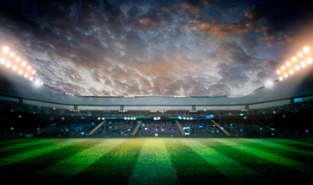 lights at night and stadium colorful flashlights background. Flyer with copy space in modern colors. Concept of sport,の写真素材