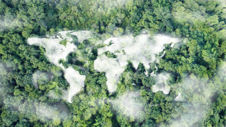 Picture of the world's continents in the clouds Among the greenery, Future environmental conservation and sustainable ESG modernization development by using technology of renewable resources to reduceの写真素材