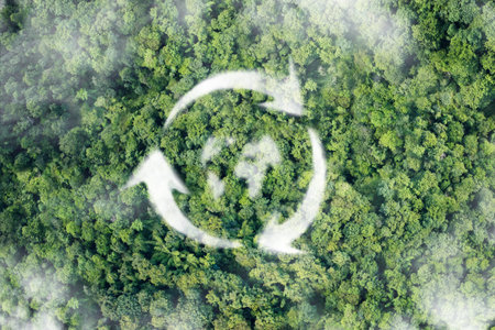 Recycling symbol, icon representing the ecological call to recycle and reuse in the form of a pond with a recycling symbol,の写真素材