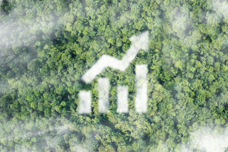 Cloud of a rising graph in the middle of untouched nature symbolizing the growing interest in ecology and nature conservation.の写真素材