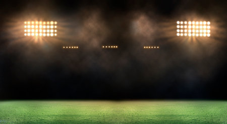 Green soccer field, bright spotlights,の写真素材