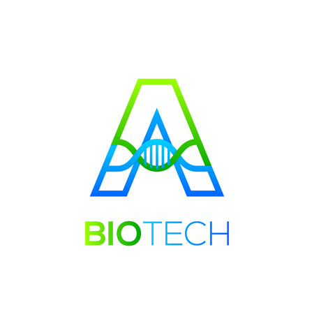 Letter A Green and Blue with abstract biotechnology DNA logotype. Medicine, science, laboratory,Technology DNA vector conceptのイラスト素材