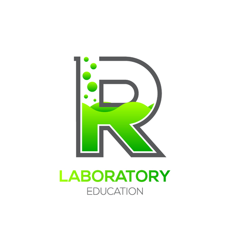 Letter R Green color,Laboratory beaker,Science education,Chemical Logotypeのイラスト素材
