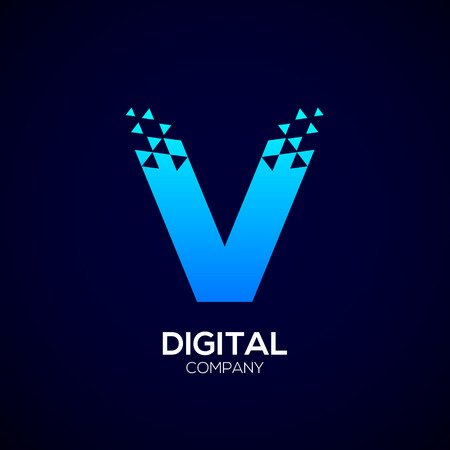 Letter V Pixel logo, Triangle Blue color,Technology and digital logotypeのイラスト素材