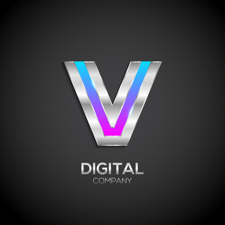 Letter V with metallic texture,3d Glossy, Digital and Technology, metal texture,  silver, steel and realistic shadow for logo, Vector illustrationのイラスト素材