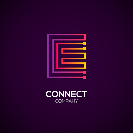Letter E logotype Purple and Orange color,Technology and digital abstract dot connection vector logoのイラスト素材