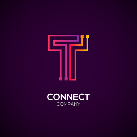 Letter T logotype Purple and Orange color, technology and digital abstract dot connection vector logoのイラスト素材