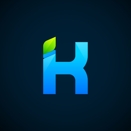 Letter K with Green leaves and Blue colour, Modern glossy logotype, Vector ecology elements for corporate identityのイラスト素材