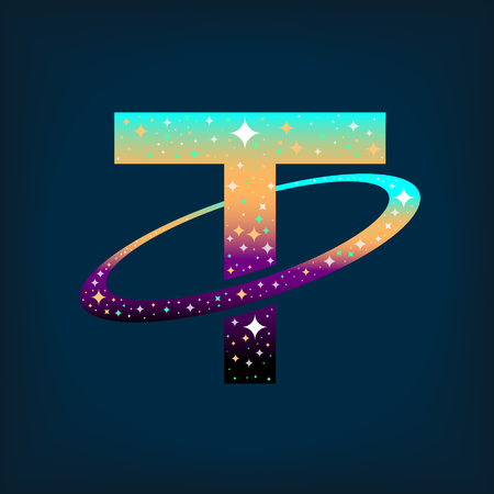 Abstract letter T logo,space logo.Observatory,tourism,galaxy,moon,satellite,alien,planet,astronaut.Interesting design template for your company logoのイラスト素材