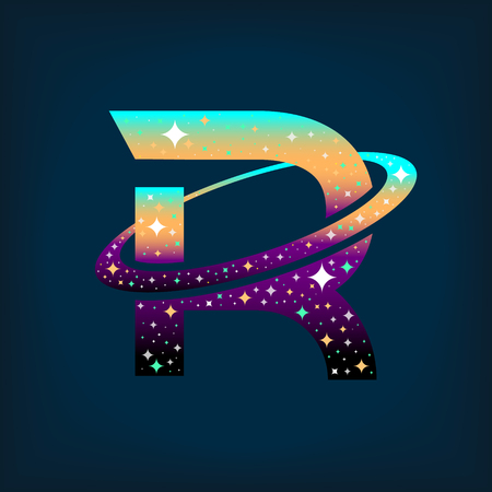 Abstract letter R logo,space logo.Observatory,tourism,galaxy,moon,satellite,alien,planet,astronaut.Interesting design template for your company logoのイラスト素材