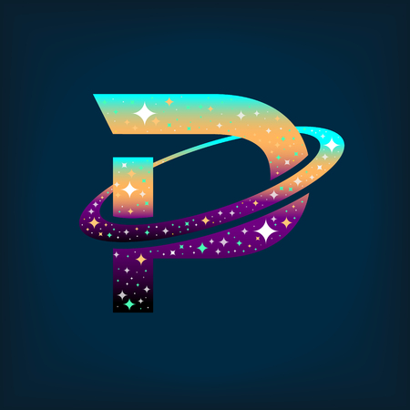 Abstract letter P logo,space logo.Observatory,tourism,galaxy,moon,satellite,alien,planet,astronaut.Interesting design template for your company logoのイラスト素材