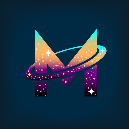 Abstract letter M logo,space logo.Observatory,tourism,galaxy,moon,satellite,alien,planet,astronaut.Interesting design template for your company logoのイラスト素材