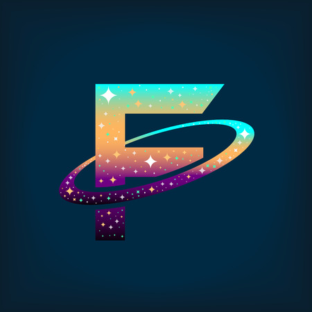 Abstract letter F logo,space logo.Observatory,tourism,galaxy,moon,satellite,alien,planet,astronaut.Interesting design template for your company logoのイラスト素材