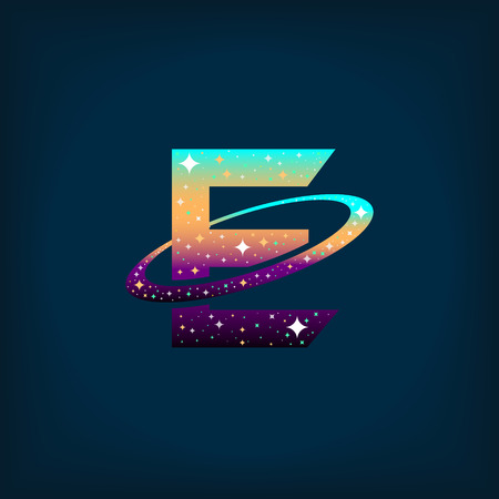 Abstract letter E logo,space logo.Observatory,tourism,galaxy,moon,satellite,alien,planet,astronaut.Interesting design template for your company logoのイラスト素材