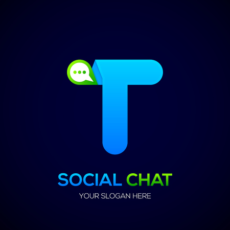 Letter T with Chat icon, Social Talk, Social media, Abstract speak, Sphere speech bubble icon.のイラスト素材