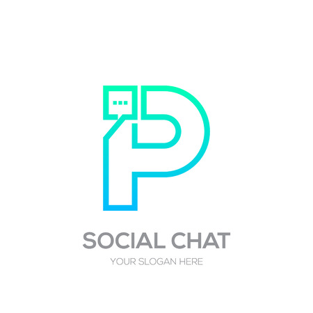 Letter P with Chat logo line shape, Social Talk, Social media, Abstract speak, Square speech logotypeのイラスト素材