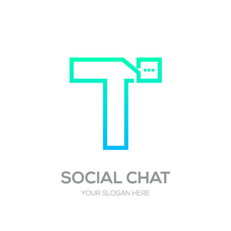 Letter T with Chat logo line shape, Social Talk, Social media, Abstract speak, Square speech logotypeのイラスト素材