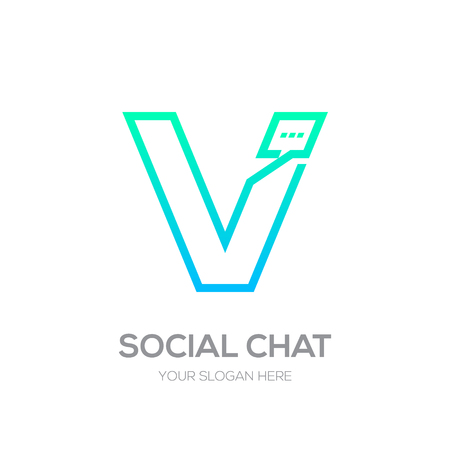 Letter V with Chat logo line shape, Social Talk, Social media, Abstract speak, Square speech logotypeのイラスト素材