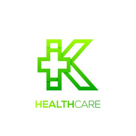 Letter K cross plus logo Green color,Medical healthcare hospital Logotypeのイラスト素材