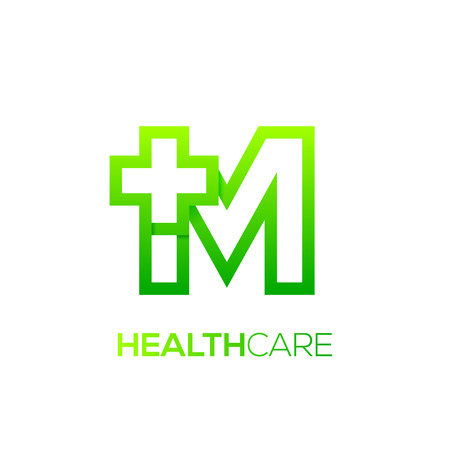Letter M cross plus logo Green color,Medical healthcare hospital Logotypeのイラスト素材