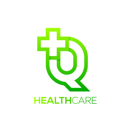 Letter Q cross plus logo Green color,Medical healthcare hospital Logotypeのイラスト素材