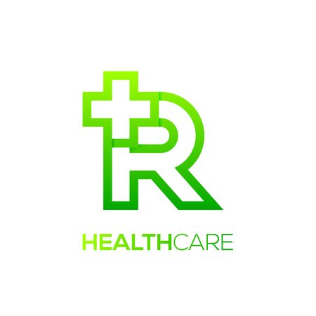 Letter R cross plus logo Green color,Medical healthcare hospital Logotypeのイラスト素材