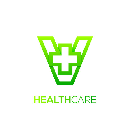 Letter V cross plus logo Green color,Medical healthcare hospital Logotypeのイラスト素材