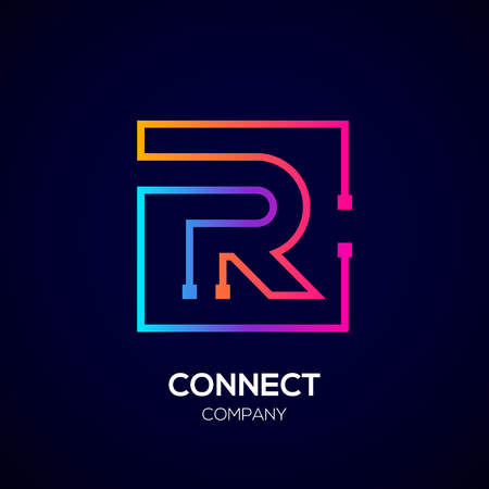 Letter R Square shape, Colorful, Technology and digital abstract dot connection.のイラスト素材