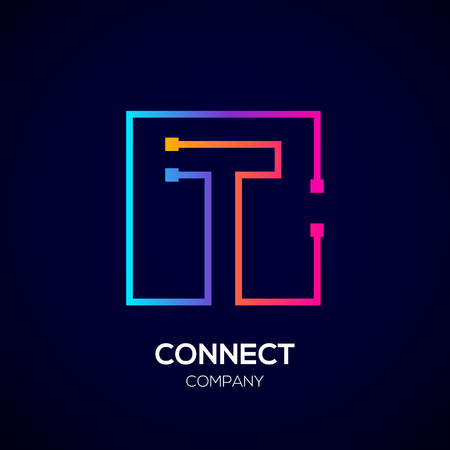 Letter T Square shape, Colorful, Technology and digital abstract dot connection.のイラスト素材