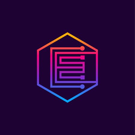 Letter E colorful, Dots, linear hexagon shape, Digital and Technology for your Corporate identity.のイラスト素材