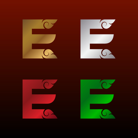 Letter E logotype with Thai art style, Metallic Glossy texture, Gold and Silver, Red and Green, Beautiful Luxury, Thai vintage Logo for your Corporate identityのイラスト素材