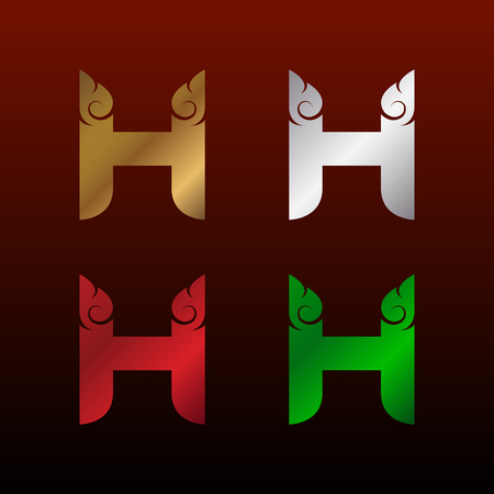 Letter H logotype with Thai art style, Metallic Glossy texture, Gold and Silver, Red and Green, Beautiful Luxury, Thai vintage Logo for your Corporate identityのイラスト素材