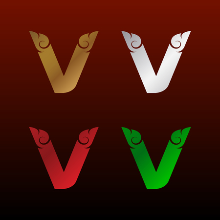 Letter V icon with Thai art style, Metallic glossy texture, gold and silver, red and green. Beautiful luxury, Thai vintage icon for your corporate identity.のイラスト素材