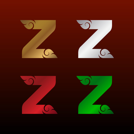 Letter Z with Thai art style, Metallic Glossy texture, Gold and Silver, Red and Green, Beautiful Luxury, Thai vintage for your Corporate identity.のイラスト素材