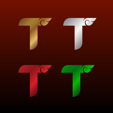 Letter T  with Thai art style, Metallic Glossy texture, Gold and Silver, Red and Green, Beautiful Luxury, Thai vintage for your Corporate identityのイラスト素材