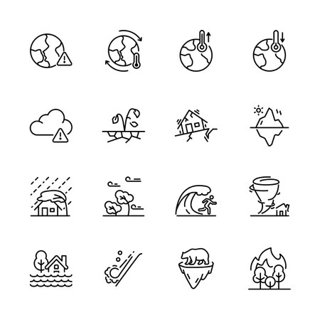 Set of climate change icons, Global warming effect, natural disaster for example ice; melting; Earthquake, greenhouse effect; extinction species, tsunami, Flooding, extreme weather, vector illustrationのイラスト素材