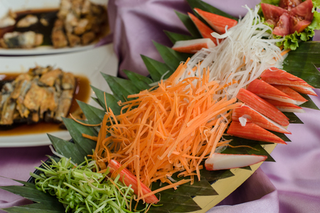 Delicious crab stick on tray.の写真素材