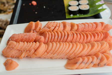 Delicious salmon slice on tray.の写真素材
