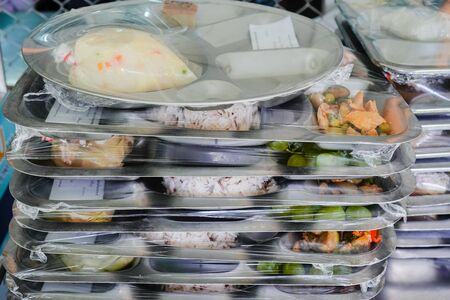 Row of food tray  for patient in the  hospital.の写真素材