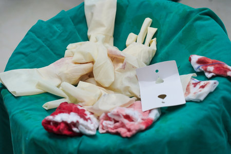 Surgical groves and gauzes with blood after surgery in the Operating Room.